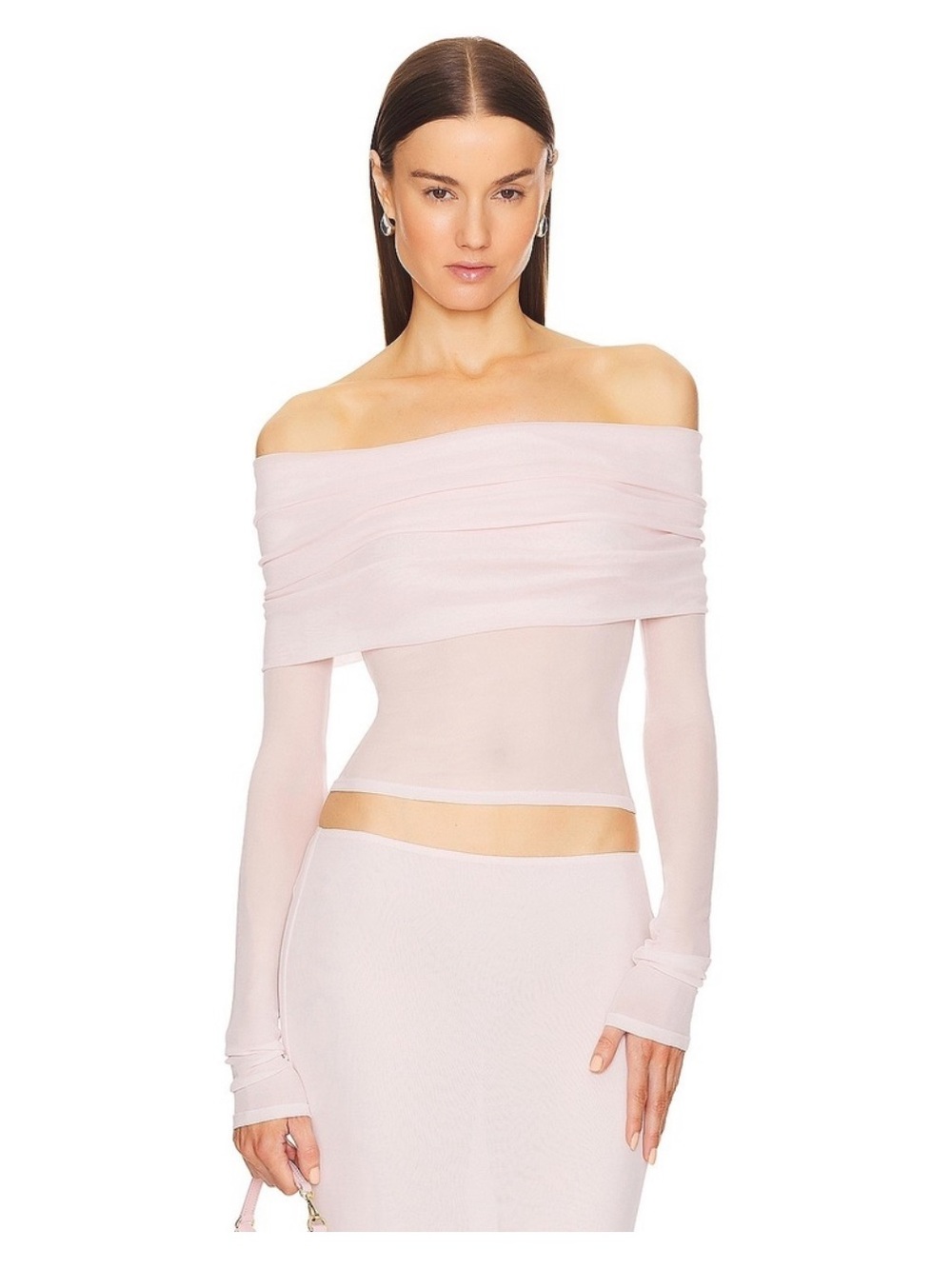 Helsa Sheer Knit Off The Shoulder Top in Ballet Pink new with Tags! - Picture 3 of 7